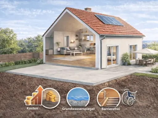 Ein Haus ohne Keller mit moderner Einrichtung, Solaranlage und Terrasse. Unten: Symbole für Kosten, Grundwasserspiegel und Barrierefreiheit.