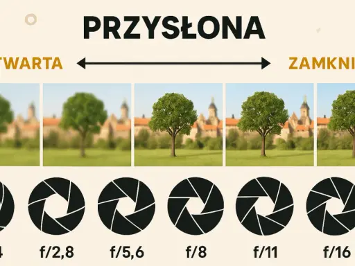 Ilustracja pokazuje, jak przysłona w aparacie wpływa na głębię ostrości. Od otwartej (f/1,4) do zamkniętej (f/16).
