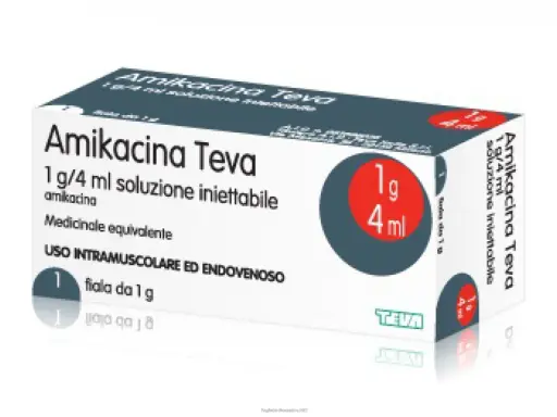 Scatola di Amikacina Teva 1g/4ml, soluzione iniettabile. Informazioni su amikacina effetti collaterali sono nel foglietto illustrativo.