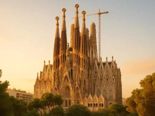 Sagrada Familia w Barcelonie, wciąż w budowie, góruje nad drzewami w złotym świetle zachodzącego słońca. Dźwig budowlany przypomina o trwającym dziele.