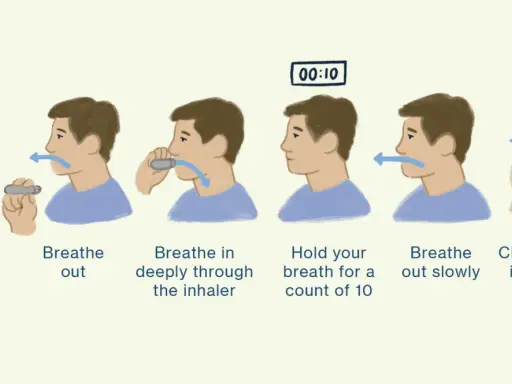 Schritt-für-Schritt-Anleitung zur Pulmicort Anwendung: Inhalator öffnen, ausatmen, tief inhalieren, 10 Sekunden Luft anhalten, langsam ausatmen, Inhalator schließen.