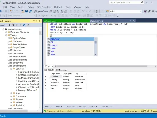 SQL zapytanie z użyciem self join, aby znaleźć pracowników z tego samego miasta. Wyniki pokazują pary pracowników i ich miasto.