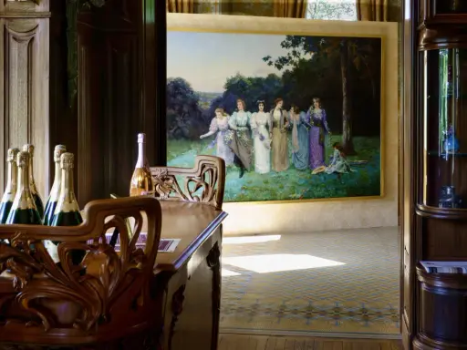 Bouteilles de champagne sur une table en bois sculpté, devant une peinture de femmes dans un jardin, ambiance Villa Mademoiselle Reims.