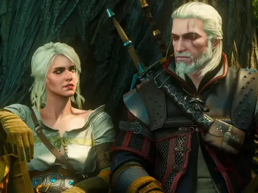 Geralt i Ciri, bohaterowie kultowych **starych gier RPG**, siedzą obok siebie, opierając się o drzewo.
