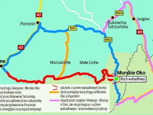 Mapa dróg z Zakopanego do Morskiego Oka. Droga Oswalda Balzera oznaczona kolorem czerwonym, z objazdami i odcinkami wahadłowymi.