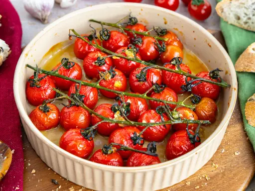 Konfierte Tomaten in einer Auflaufform, mit Brot und Knoblauch daneben.
