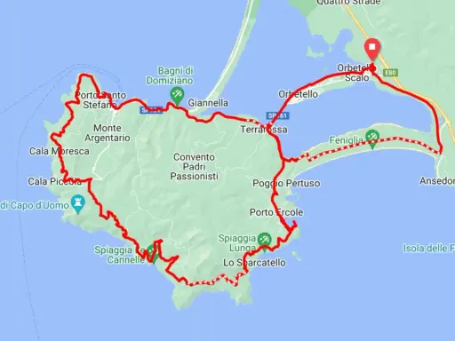 Mappa delle piste ciclabili dell'Argentario, con itinerario che tocca Porto Santo Stefano, Giannella, Orbetello, Feniglia e Porto Ercole.