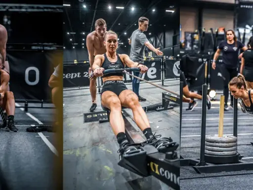 Kobiety wykonują ćwiczenia w stylu Hyrox: ciągną liny, wiosłują i pchają sanie. To pokazuje, hyrox co to za wyzwanie.