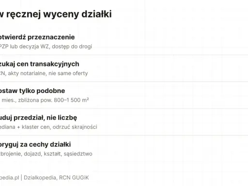 5 kroków, jak oszacować wartość działki: potwierdź przeznaczenie, szukaj cen transakcyjnych, zostaw podobne, buduj przedział, koryguj za cechy.