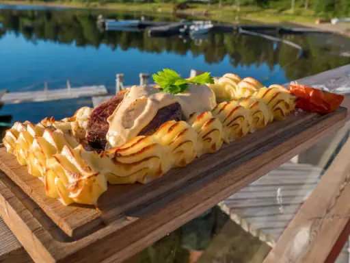 En härlig plankstek med krämig potatis och en god sås, perfekt att njuta av med ett glas vin vid vattnet.