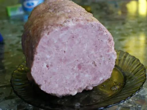 Pokrojona mielonka z szynkowara, różowa i soczysta, leży na ciemnej, karbowanej paterze.