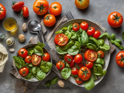 Deux salades de tomates fraîches et basilic, avec des tomates entières et coupées, sur fond gris.
