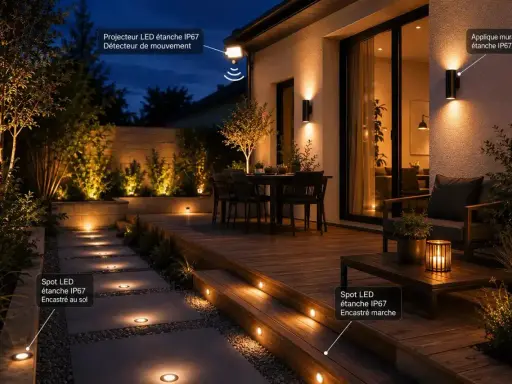 Éclairage extérieur moderne : projecteur, appliques murales et spots LED encastrés au sol et sur les marches, illustrant les 4 types d'ampoules pour un jardin illuminé.