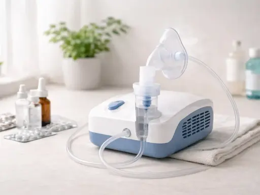 Nebulizator z maską, gotowy do podania leku w formie mgiełki. Na blacie obok leki i buteleczki.