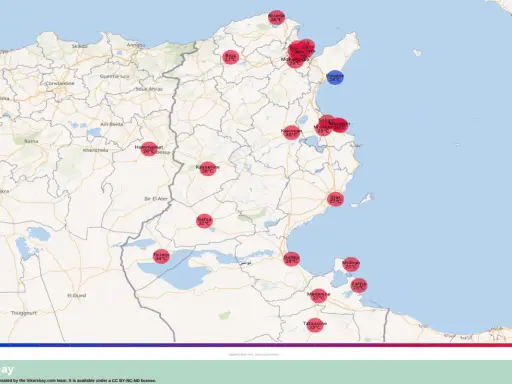Mapa temperatur w Tunezji w maju: od 24°C w Douane do 34°C w Tozeur.