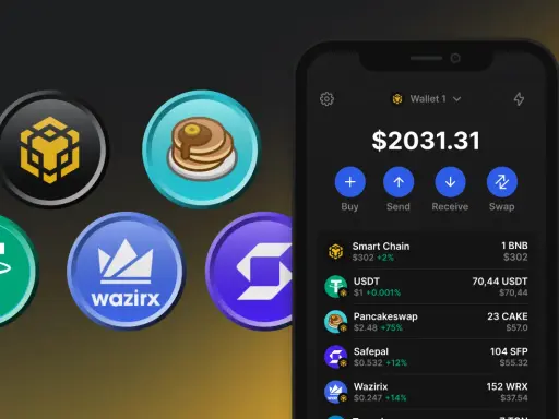 Portfel cyfrowy z kryptowalutami, w tym tokenami BEP-20, jak USDT i CAKE. Widoczny ekran telefonu z saldem $2031.31.