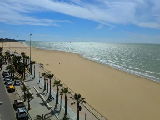 Sonniger Strand mit Palmen und Autos in Sanlúcar de Barrameda. Das Meer glitzert, am Horizont sind Kitesurfer zu sehen.