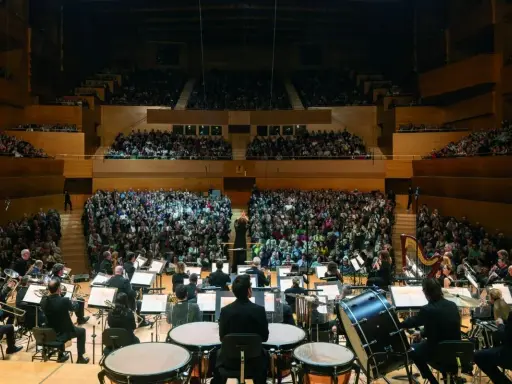 Orquesta sinfónica tocando para un público numeroso. Un director dirige la orquesta, creando una atmósfera mágica para los conciertos infantiles.