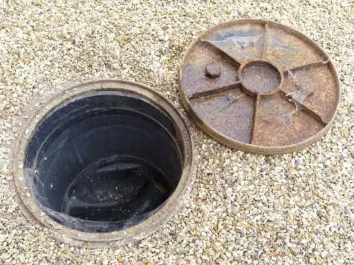 Inspection d'une canalisation bouchée sous la maison. Le couvercle rouillé est retiré, révélant le conduit noir.