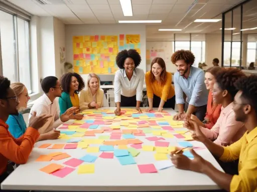 En grupp glada människor samlade runt ett bord täckt av färgglada post-it-lappar. En inspirerande scen för saker att hitta på med sin partner, som att brainstorma idéer tillsammans.
