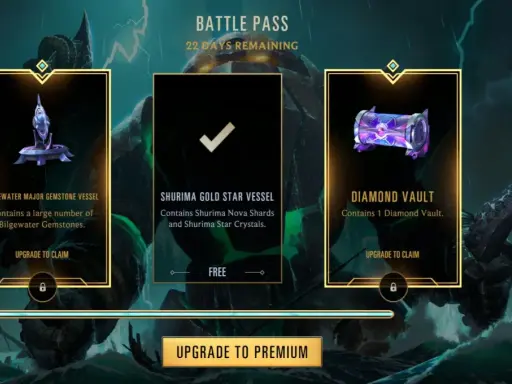 Ekran gry z menu BATTLE PASS. Widoczne nagrody: Bilgewater Major Gemstone Vessel, Shurima Gold Star Vessel (darmowy) i Diamond Vault.