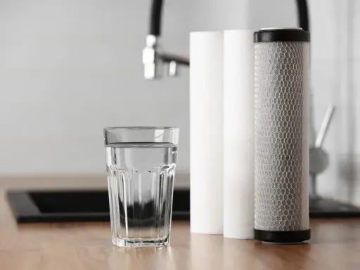 Verre d'eau pure à côté de cartouches filtrantes. Une solution pour la dureté de l'eau à Rouen.