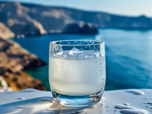 Szklanka orzeźwiającego ouzo z lodem na tle greckiego wybrzeża. Zastanawiasz się, ouzo ile ma procent? Zazwyczaj 40-50%.