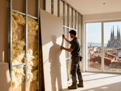 Obrero instala panel de pladur en estructura metálica, paso clave para como hacer una pared de pladur. Vista de Barcelona al fondo.