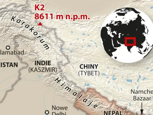 K2, gdzie jest? Na mapie widać K2 (8611 m n.p.m.) w Karakorum, na granicy Pakistanu i Chin (Tybetu), niedaleko Indii (Kaszmir).