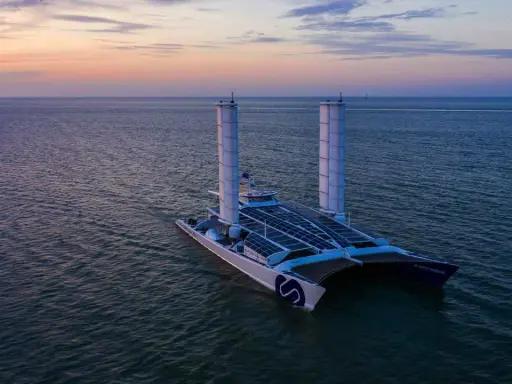 Der ENERGY OBSERVER, ein futuristisches Schiff mit Solarpaneelen und Windturbinen, gleitet bei Sonnenuntergang über das Meer.