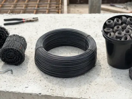 Na betonie leżą zwoje drutu, wiązałka i szczypce. Materiały do wiązania zbrojenia.