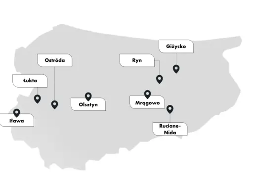 Mapa z zaznaczonymi miastami: Iława, Łukta, Ostróda, Olsztyn, Ryn, Giżycko, Mrągowo, Ruciane-Nida. Gdzie na Mazury?