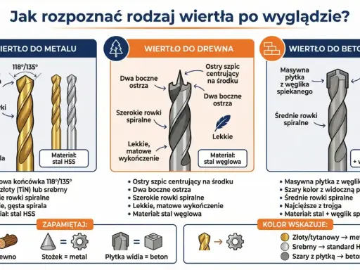 Wiertła do metalu mają stożkową końcówkę 118°/135°, wąskie rowki spiralne i są ciężkie. Złote lub srebrne.