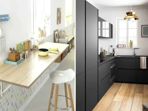 Plan petite cuisine : un coin repas clair avec table rabattable et un coin moderne tout en noir.