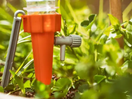 Un système d'arrosage goutte à goutte pour potager, avec une goutte d'eau tombant d'un dispositif orange et gris au milieu de plantes vertes.