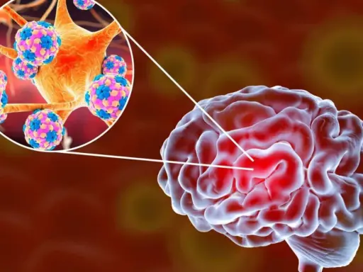 Illustration av hjärnan med en förstorad vy av virus som orsakar hjärnhinneinflammation.