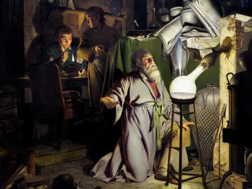 Ein Alchemist im Mittelalter, umgeben von Büchern und Geräten, beobachtet fasziniert eine glühende Flüssigkeit. Ein junger Gehilfe hält eine Kerze, während ein weiterer Mann zusieht.