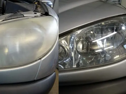 Przed i po: matowy reflektor stał się lśniący dzięki czyszczeniu reflektorów od środka.