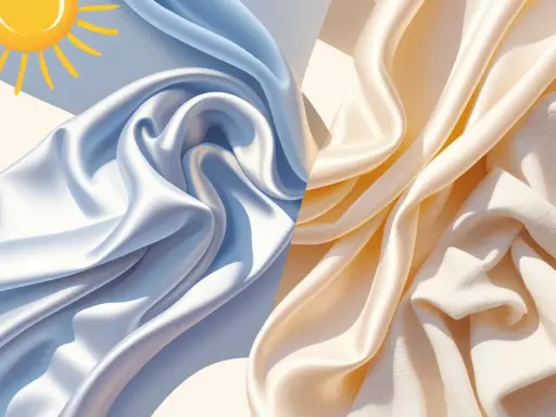 Light blue and cream silk fabrics draped, with a sun graphic. Is silk good for hot weather? Yes, it's breathable and cool.