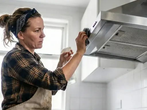 Kobieta w chustce na głowie i fartuchu czyści okap kuchenny. Pokazuje, jak wyczyścić okap z tłuszczu, używając sprayu i gąbki.