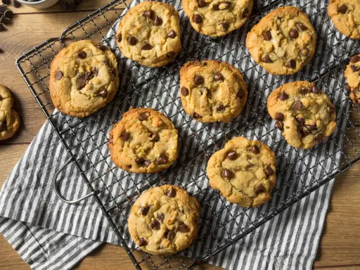 Des cookies aux pépites de chocolat, parfaits pour une recette cookie Pierre Hermé. Ils refroidissent sur une grille.