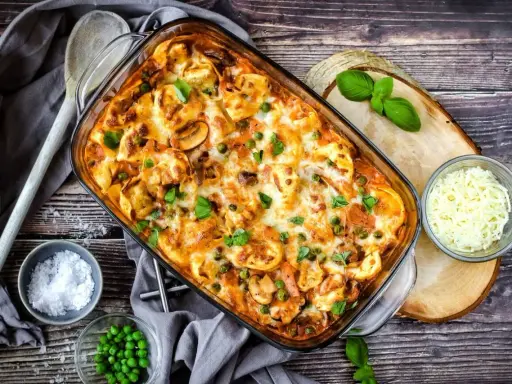 Herzhafter Tortellini Auflauf mit Erbsen und Pilzen, überbacken mit Käse und garniert mit frischem Basilikum.