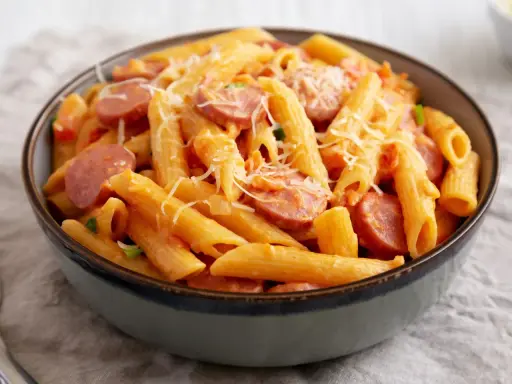 Penne z sosem pomidorowym i plasterkami kiełbasy, posypane startym parmezanem. Pyszne danie makaron z kiełbasą.