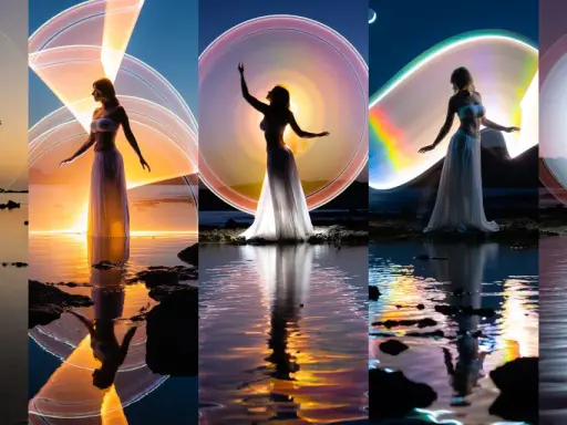 Silhouette di donna in abito bianco su sfondo di luce colorata e riflessi sull'acqua. Un'opera di light painting.