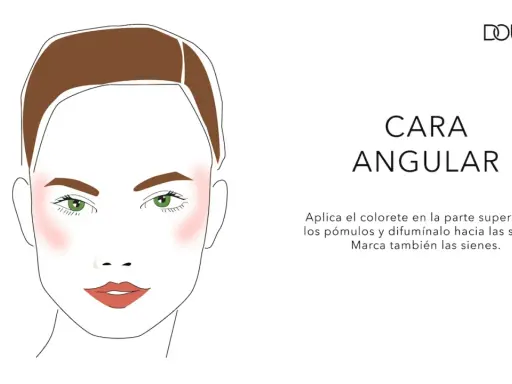 Ilustración de rostro angular con rubor rosado aplicado en pómulos y sienes. El blush realza la estructura facial.