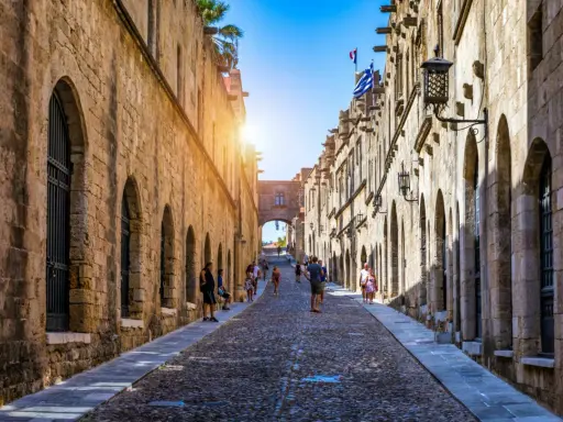 Sonnenbeschienene Gasse in Rhodos Stadt mit Kopfsteinpflaster und historischen Gebäuden. Touristen schlendern durch die mittelalterliche Stadt.