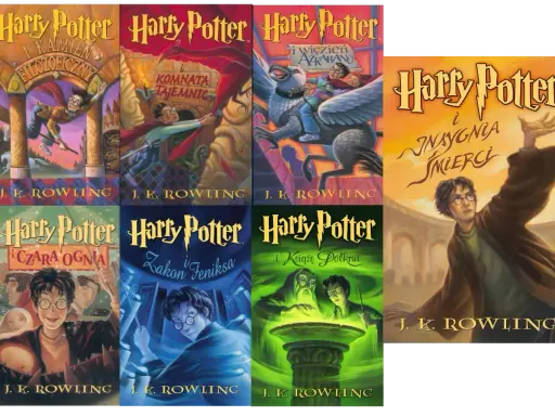 Okładki książek z uniwersum Harry'ego Pottera: Kamień Filozoficzny, Komnata Tajemnic, Więzień Azkabanu, Czara Ognia, Zakon Feniksa, Książę Półkrwi i Insygnia Śmierci.