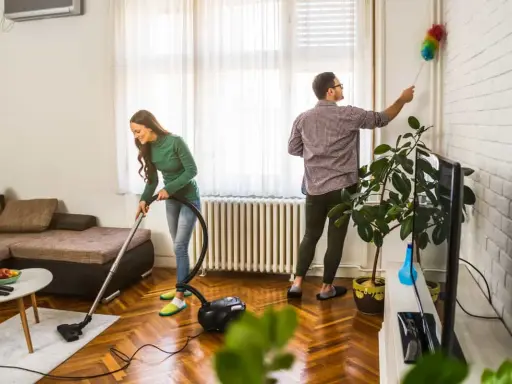 Pareja colaborando en como limpiar la casa: ella aspira el suelo y él quita el polvo de las paredes.