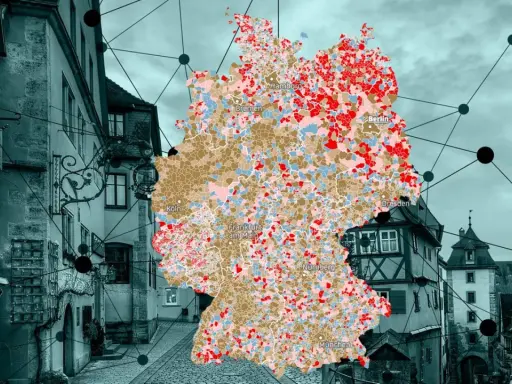 Karte Deutschlands mit farbigen Regionen, überlagert von einer historischen Gasse. Das urbane Leben wird durch die Vernetzung von Städten und Regionen dargestellt.