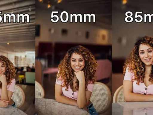 Confronto tra obiettivi 35mm, 50mm e 85mm per progetti fotografici. La modella sorride in diverse inquadrature.